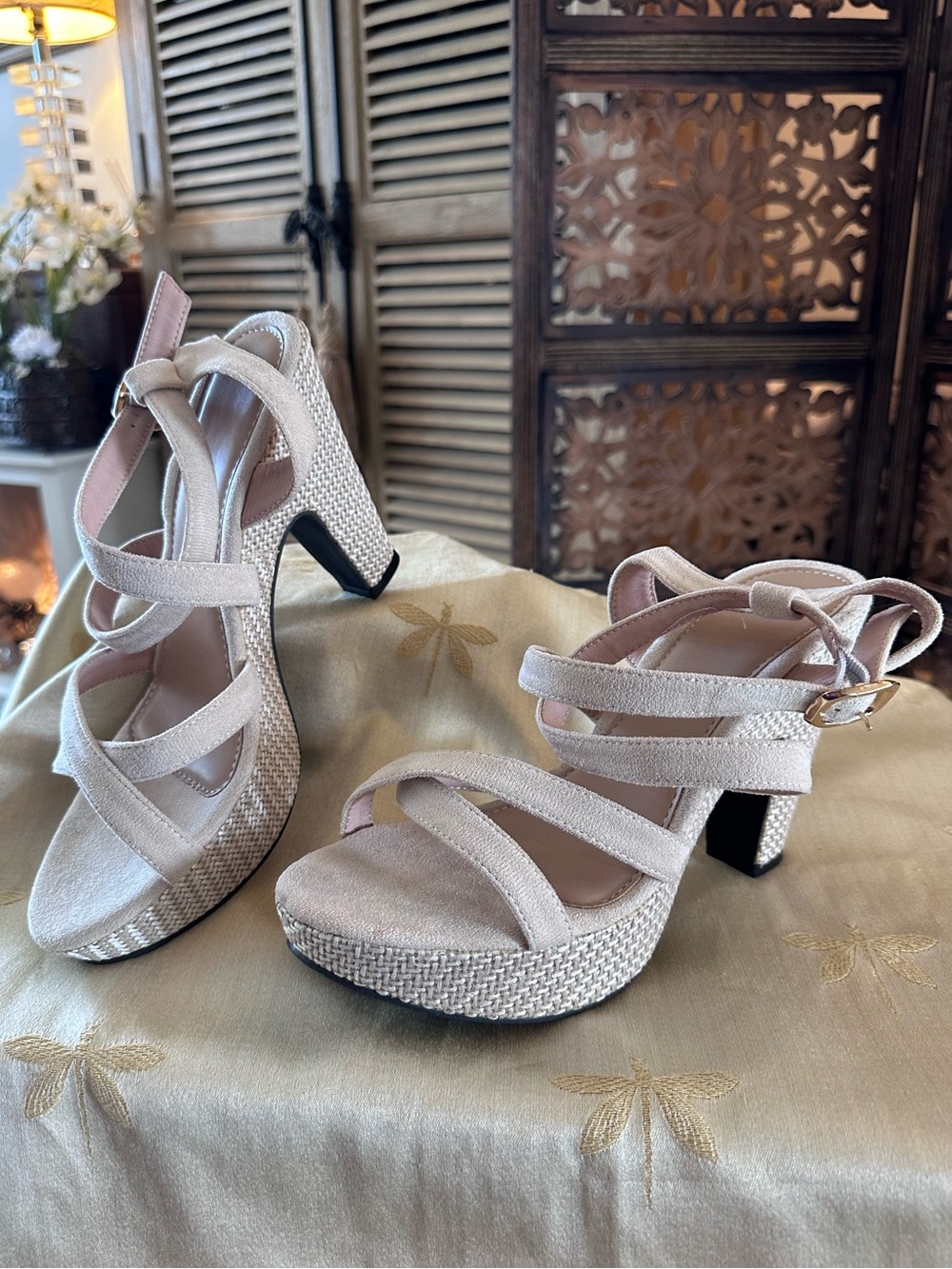 Sol Sana Taupe “Gabby" Strappy Slingback Woven Heels.